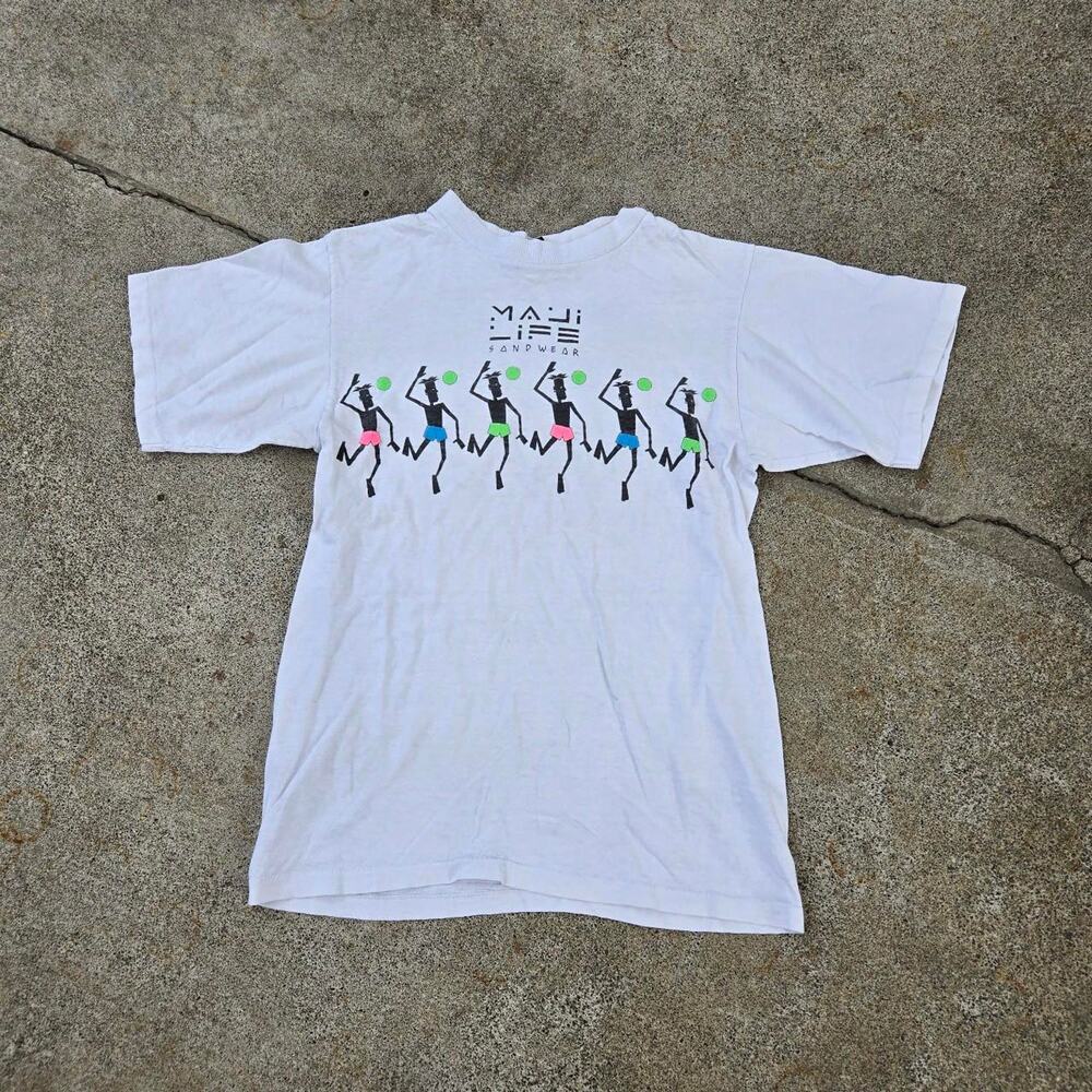 Vtg 90s MAUI LIFE Island Sportswear Volleyball Wraparound Graphic TShirt XS USA